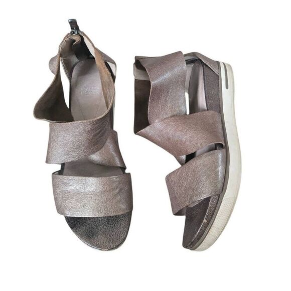 Eileen Fisher Sport Platform Sandals Women's 9.5 Metallic Gold Leather Back Zip - Picture 2 of 9